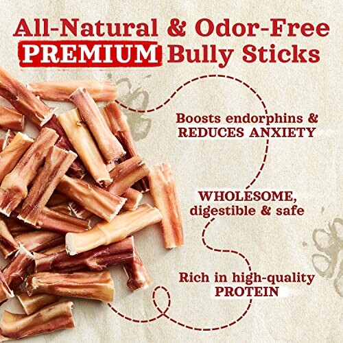 All-natural, odor-free premium bully sticks with benefits listed.