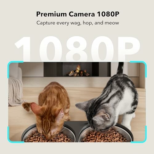 Two cats eating from bowls in front of a 1080P camera display.