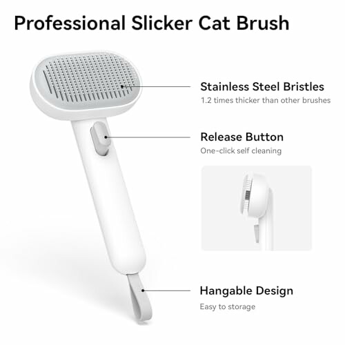 Professional slicker cat brush with stainless steel bristles, release button, and hangable design.