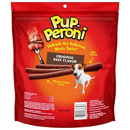 Pup-Peroni original beef flavor dog treats package with dog image.