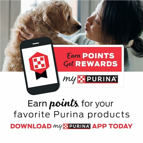 Woman with dog promoting Purina rewards app.