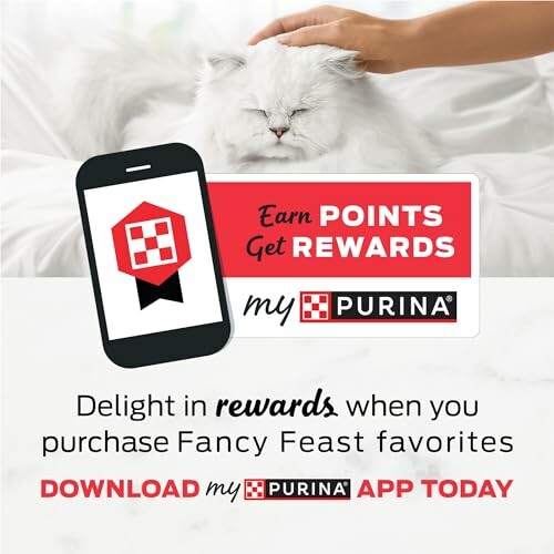 Purina rewards program advertisement with a cat and mobile app