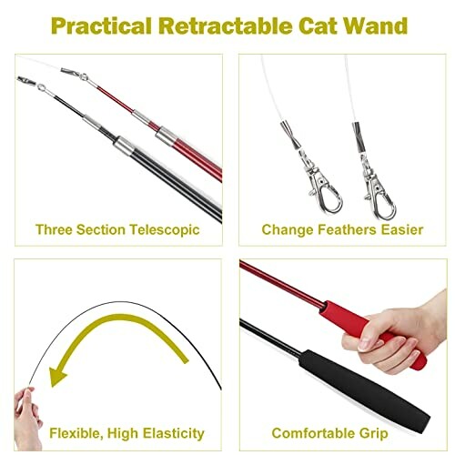 Practical retractable cat wand with three section telescopic design, easy feather change, flexible high elasticity, and comfortable grip.