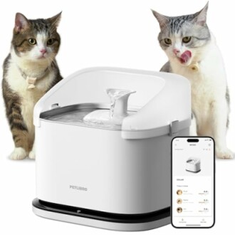 Two cats near a smart water fountain with a mobile app showing settings.