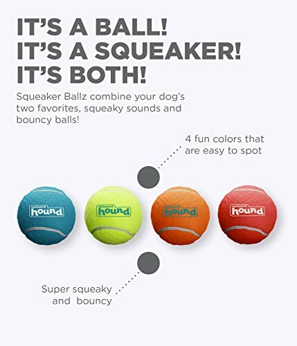 Four colorful squeaky dog toy balls with text description.