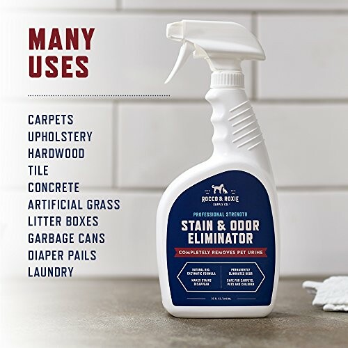 Stain and odor eliminator spray bottle with list of uses including carpets, upholstery, and more.