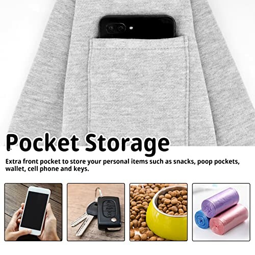 Sweatshirt with phone in front pocket and additional storage items.