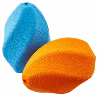 Two textured rubber balls, one blue and one orange.