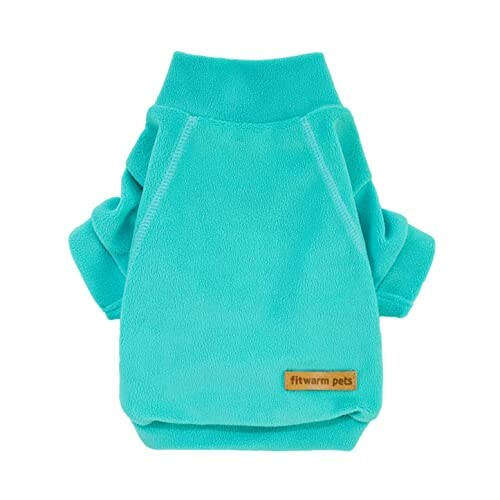 Turquoise fleece dog sweater with folded sleeves.