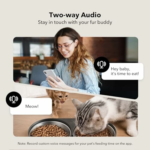 Woman using two-way audio to communicate with pets during feeding time.