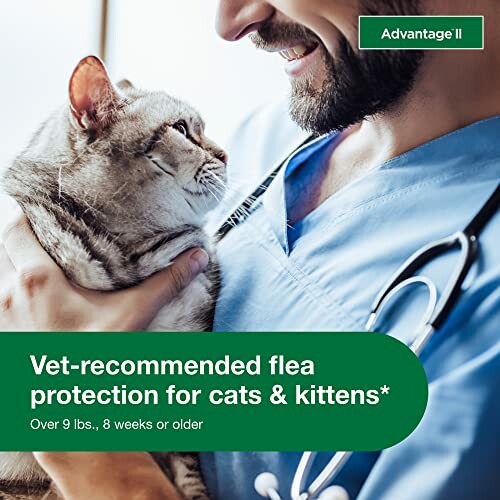 Vet holding a cat, promoting flea protection product for cats and kittens.