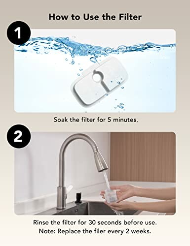 Water filter usage instructions with two steps.